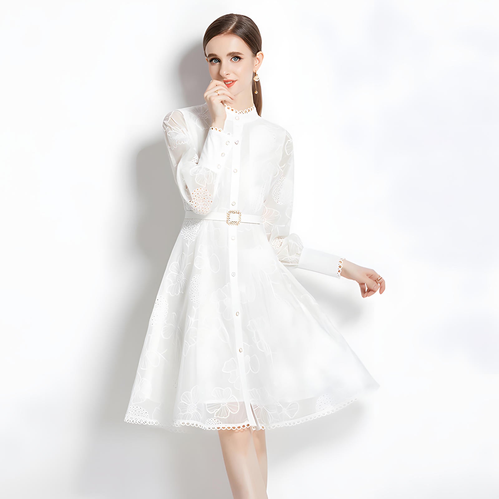 Luxury French Lace High Neck Retro Short Dress - 734579574273